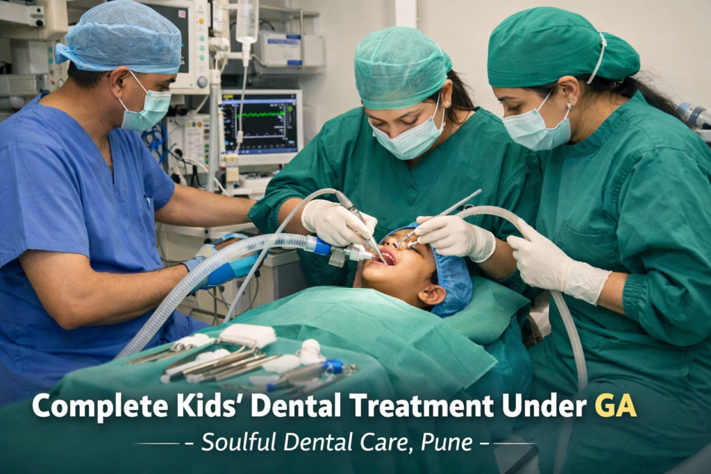 Search for a child receiving complete dental treatment under general anesthesia by Dr. Swapnil Rachha at Soulful Dental Care, Pune.
