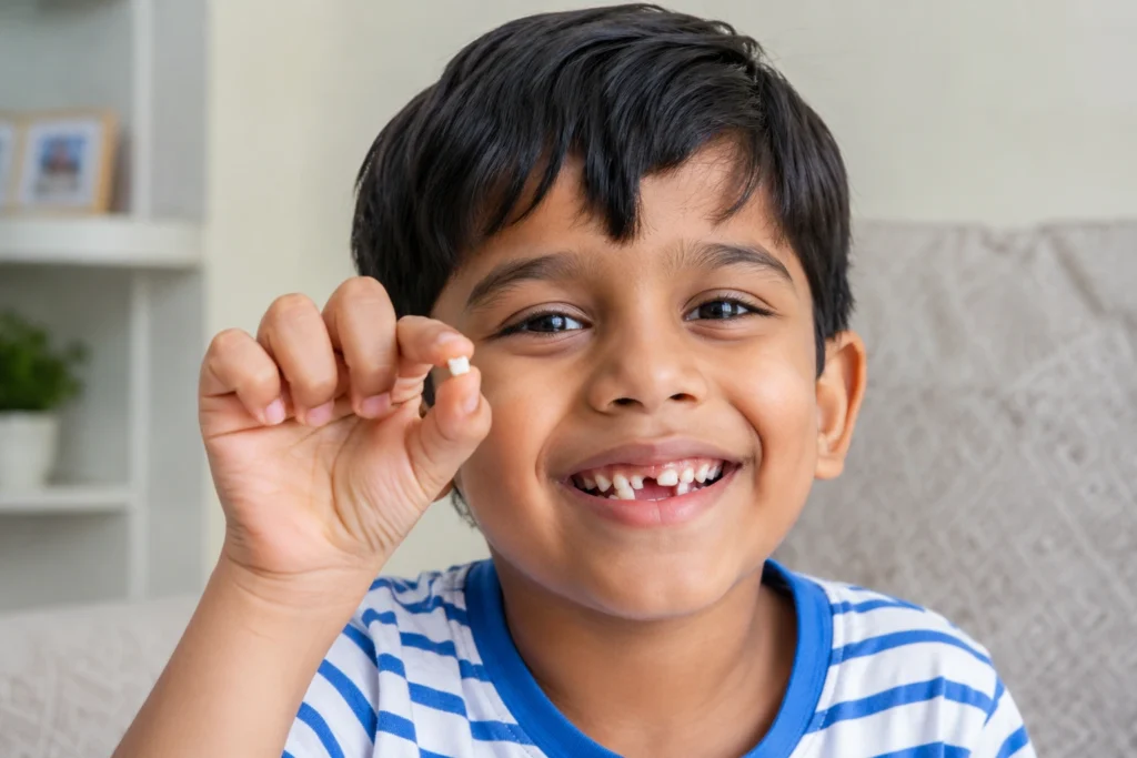 Child with missing baby tooth during dental visit at Soulful Dental Care Pune