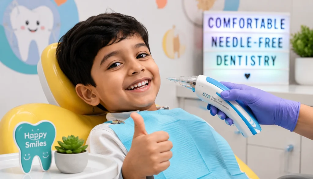 Happy child receiving needle-free painless dental treatment at Soulful Dental Care Pune