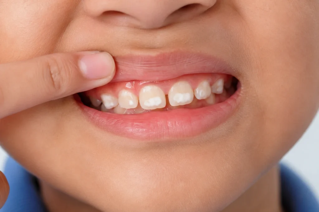 Close-up of a pediatric dentist checking white spot lesions on a child's front teeth
