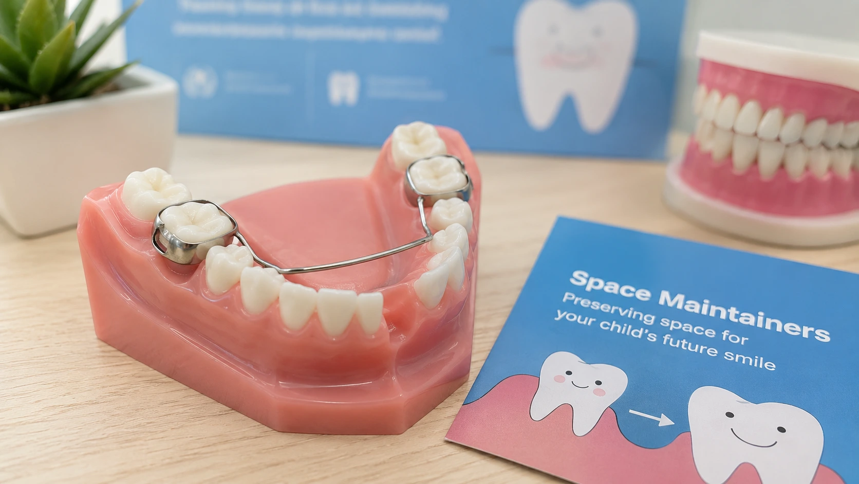 Child at dental clinic getting a space maintainer fitted by pediatric dentist