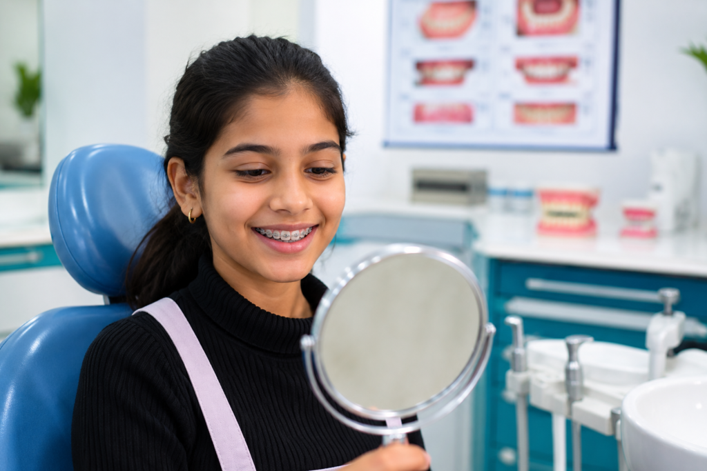 Pediatric dentist examining a young child's crooked teeth during a routine dental checkup