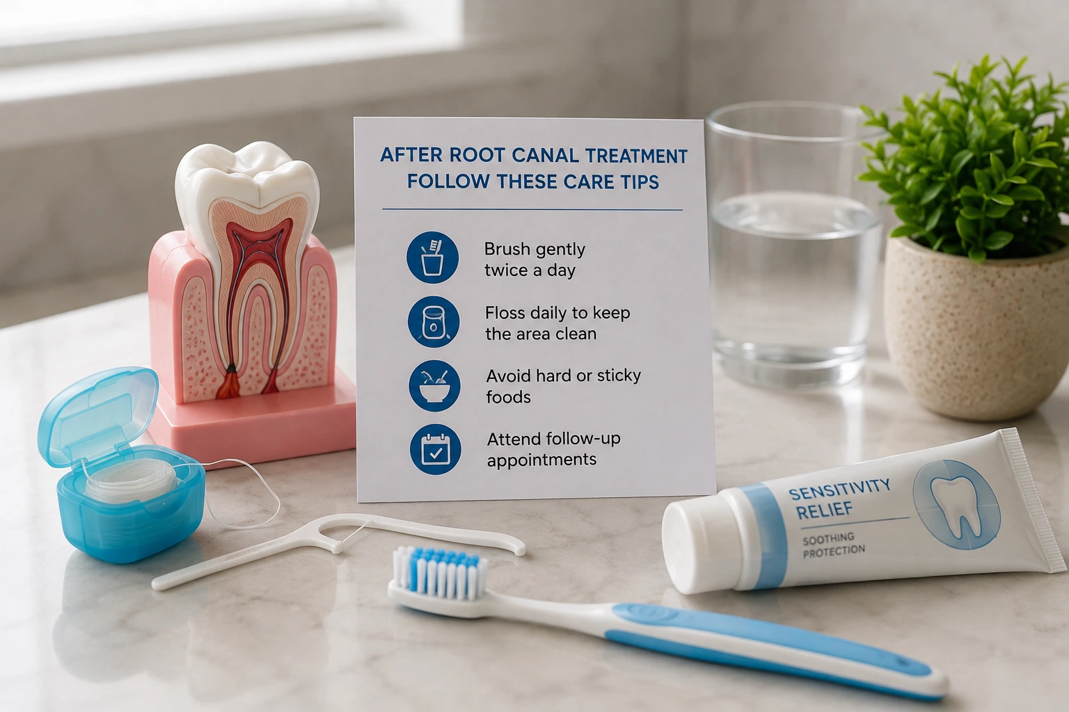 Dentist explaining root canal aftercare tips to a smiling patient
