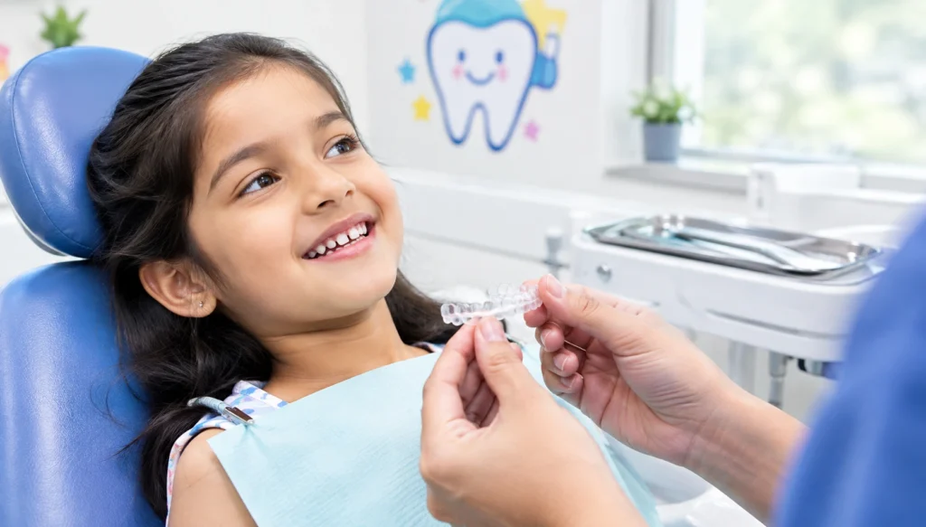 Pediatric dentist examining a young child's teeth for early orthodontic treatment signs.