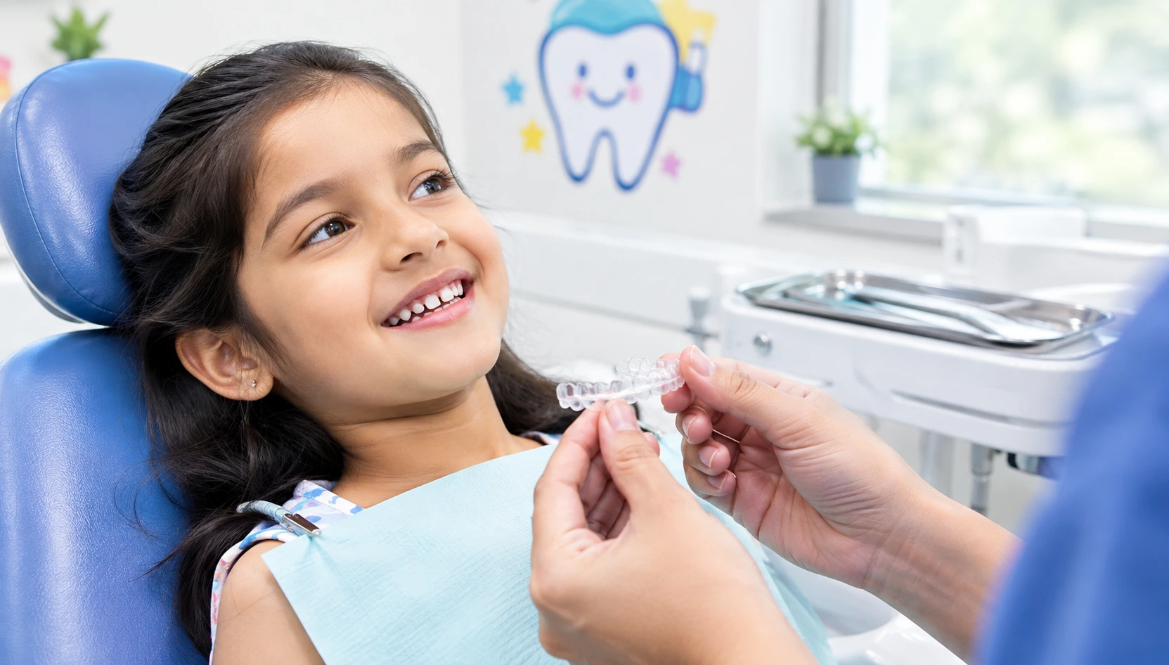 Pediatric dentist examining a young child's teeth for early orthodontic treatment signs.
