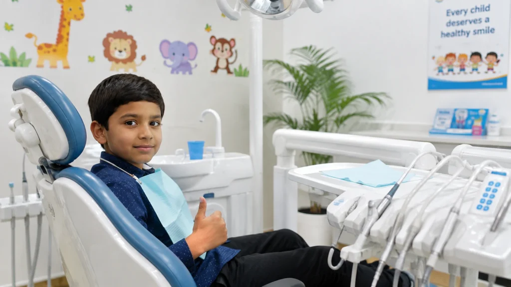 Pediatric dentist calmly examining a special needs child during a dental checkup.