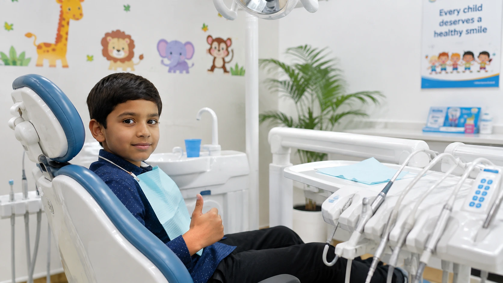 Pediatric dentist calmly examining a special needs child during a dental checkup.