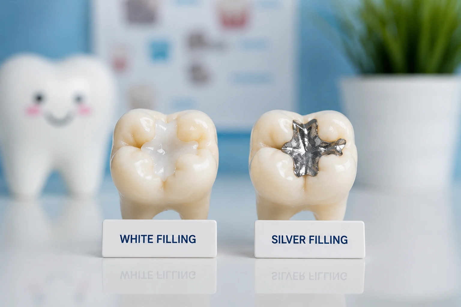 Young child smiling confidently at dentist during a tooth-colored white filling treatment session