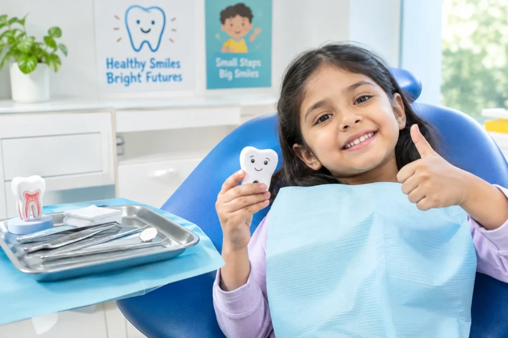 Pediatric dentist gently explaining a tooth extraction procedure to a nervous young child.