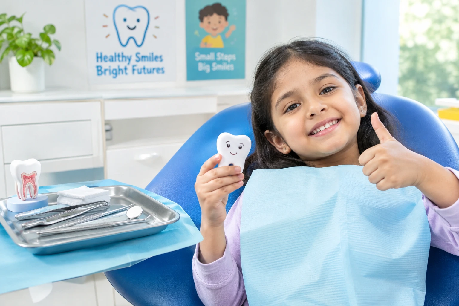 Pediatric dentist gently explaining a tooth extraction procedure to a nervous young child.
