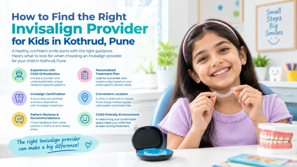 Child wearing clear Invisalign aligners smiling during a pediatric dental checkup.