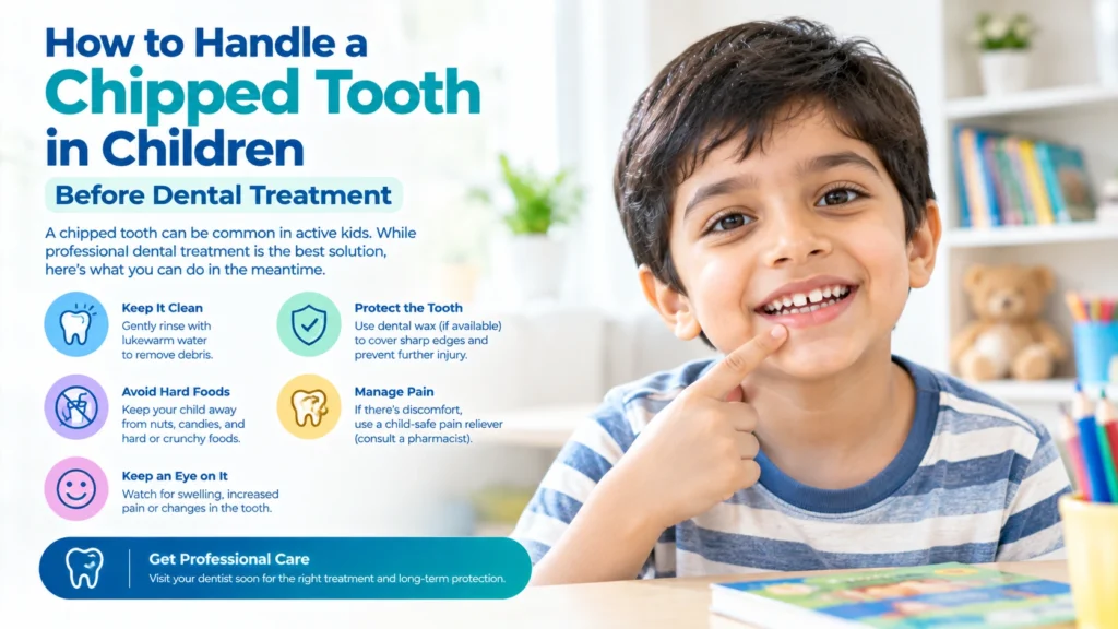 Parent gently checking a child's chipped front tooth before visiting the pediatric dentist